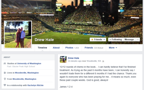 Drew's Facebook status on the day of his final chemo treatment